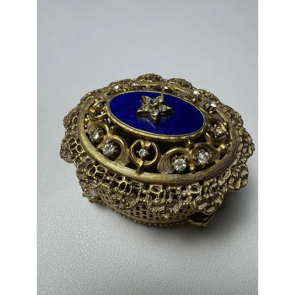Vintage Florenza Jeweled Filigree Trinket Box Cobalt Blue Enamel Footed Oval